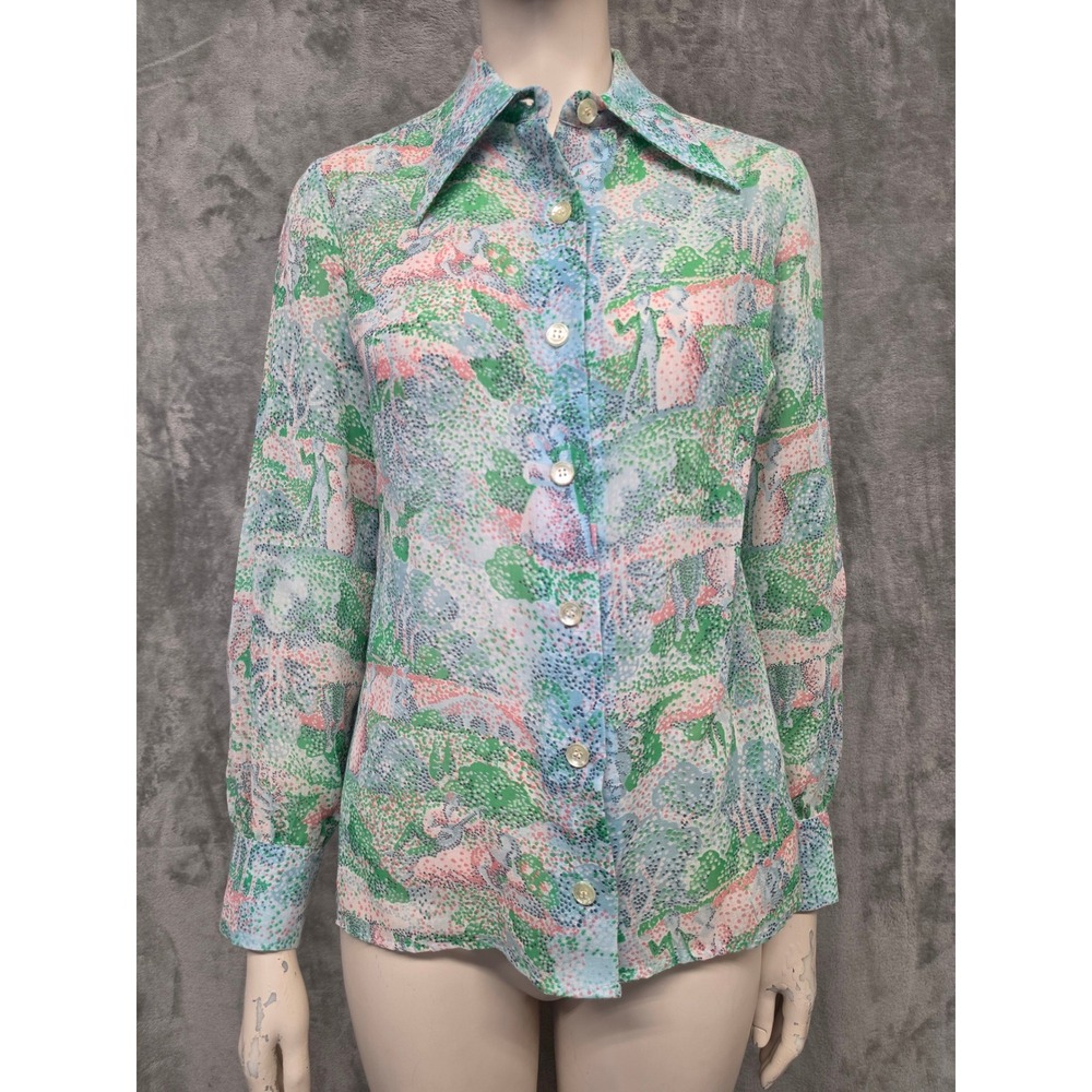 Womens Vintage Groovy 70s Psychedelic Pointillism Long Sleeve Button Down Blouse
